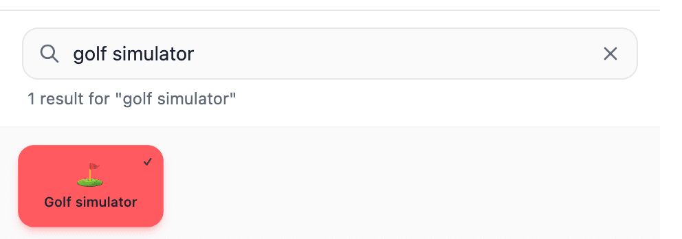 CustomBNB's amenity search showing 'Golf simulator' selected — another filter with no equivalent in Airbnb's own Features panel